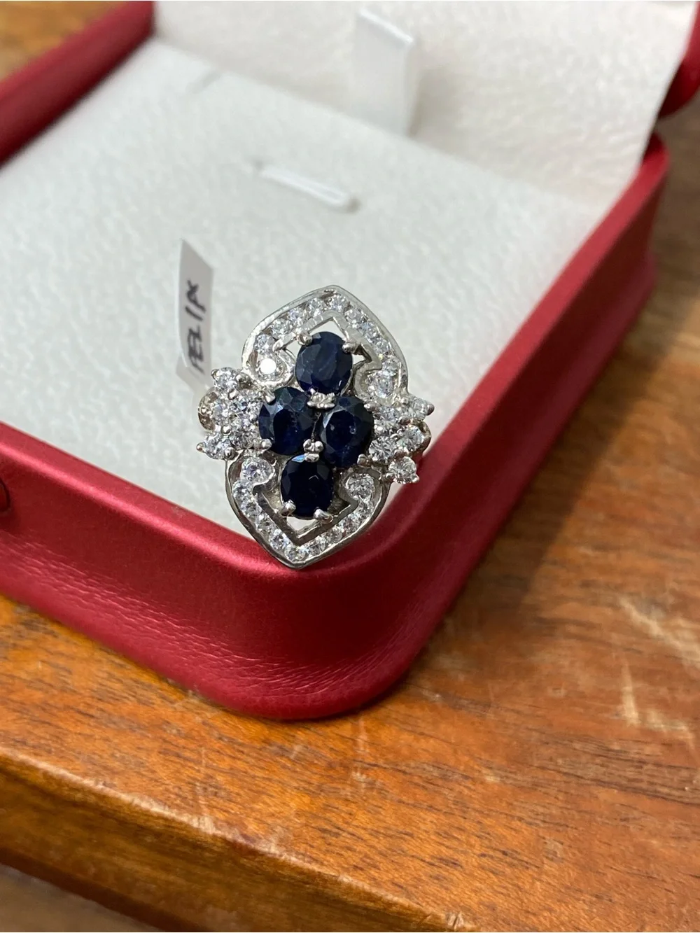 925 Sterling Silver Natural Dark Blue Sapphire And CZ Ring